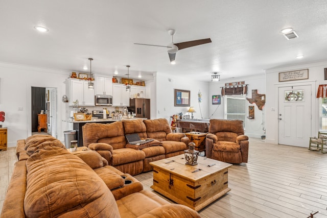 living room with ceiling fan, ornamental molding, light wood-type flooring, sink, and a textured ceiling