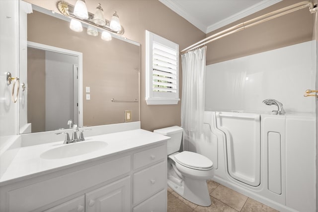 bathroom with tile patterned flooring, toilet, crown molding, and vanity