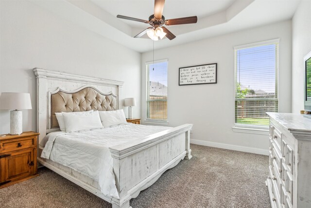 bedroom featuring ceiling fan, a tray ceiling, carpet, and multiple windows