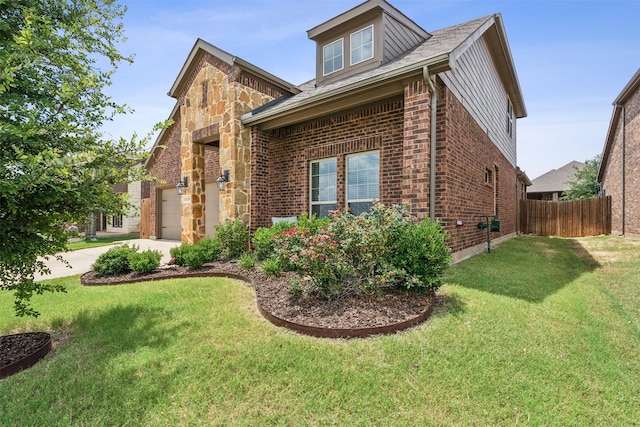 view of property exterior with a garage and a lawn