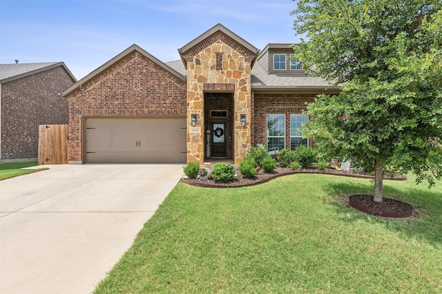 view of front of home featuring a front yard and a garage