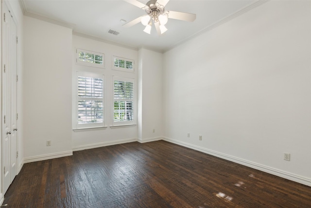 unfurnished room with ornamental molding, ceiling fan, and dark hardwood / wood-style flooring