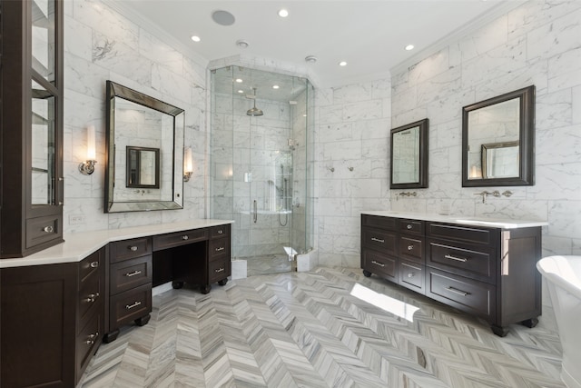 bathroom featuring vanity, independent shower and bath, tile walls, and crown molding