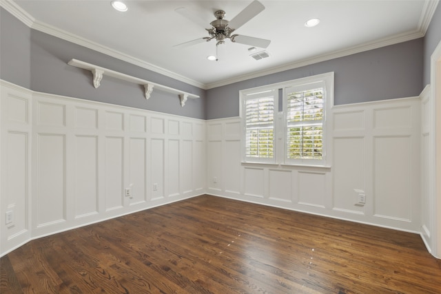 unfurnished room with crown molding, dark hardwood / wood-style floors, and ceiling fan