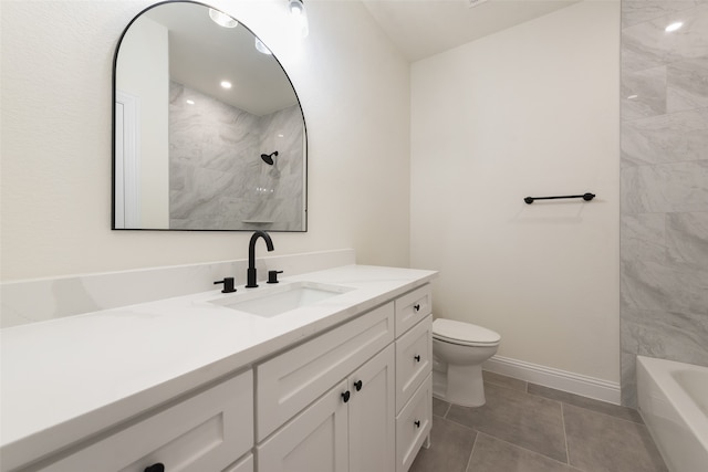 full bathroom featuring toilet, vanity, tiled shower / bath, and tile patterned flooring