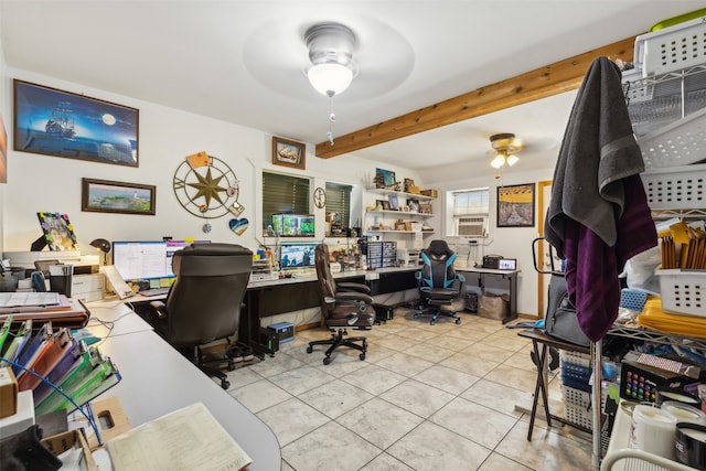 tiled home office with ceiling fan and beamed ceiling