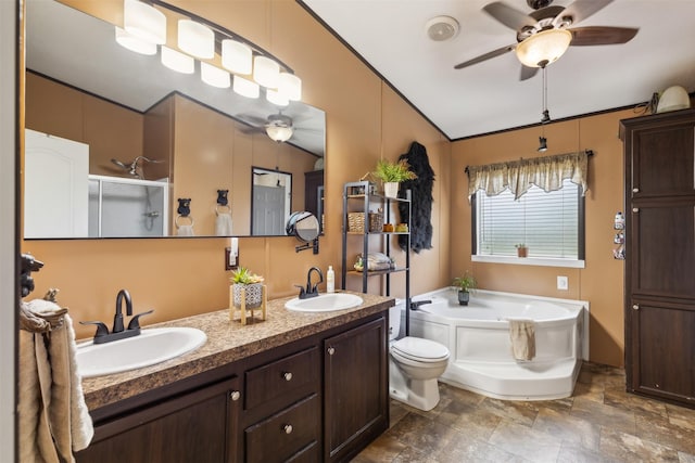 bathroom featuring vanity, ceiling fan, and shower with separate bathtub