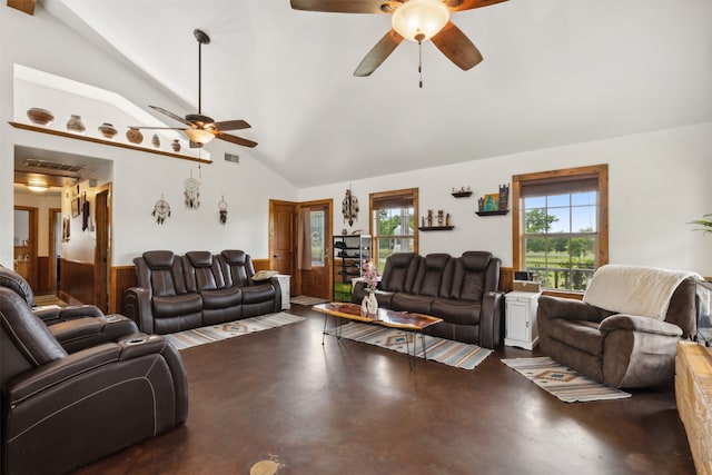 living room with ceiling fan and lofted ceiling