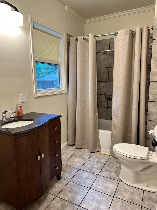 full bathroom featuring vanity, tile patterned floors, crown molding, toilet, and shower / bathtub combination with curtain