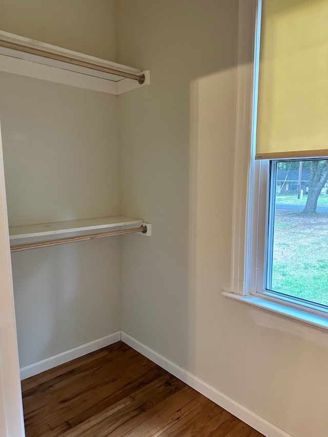 walk in closet with dark wood-type flooring