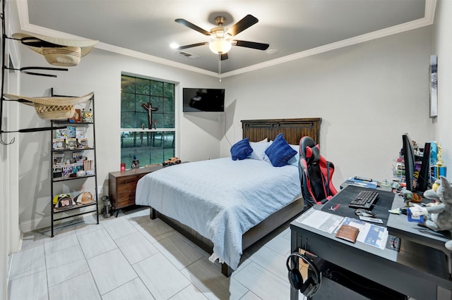 tiled bedroom featuring ceiling fan and crown molding