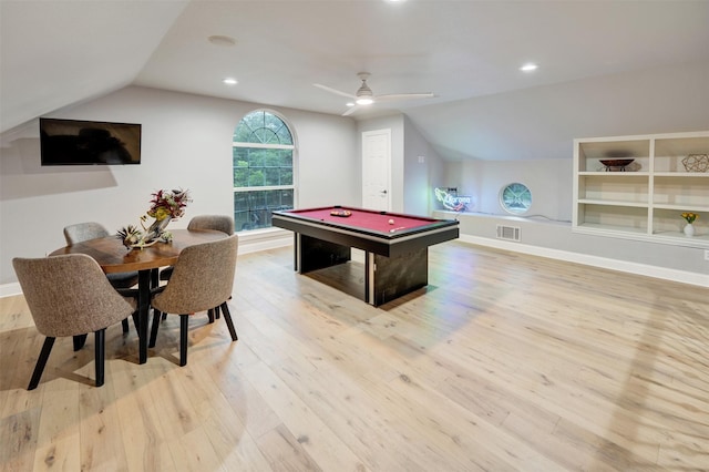 playroom with vaulted ceiling, light hardwood / wood-style flooring, ceiling fan, and billiards