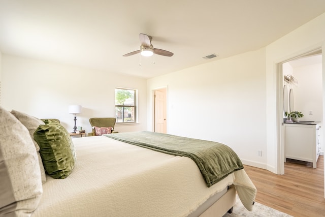 bedroom with ceiling fan and light hardwood / wood-style flooring