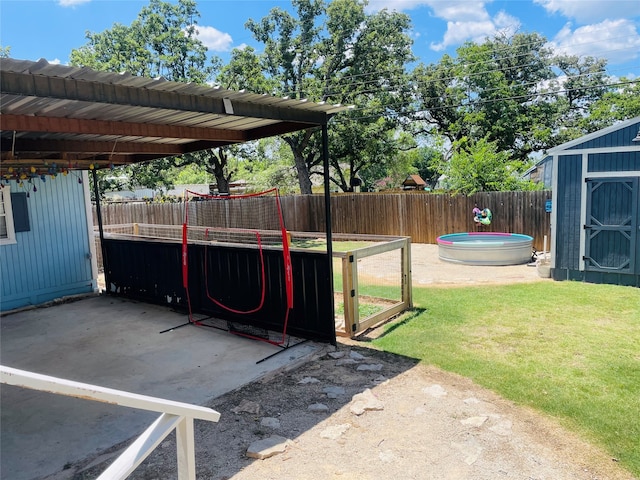 exterior space featuring a shed