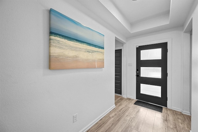 entrance foyer featuring a tray ceiling and light hardwood / wood-style flooring