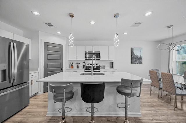 kitchen featuring white cabinetry, sink, decorative light fixtures, and appliances with stainless steel finishes