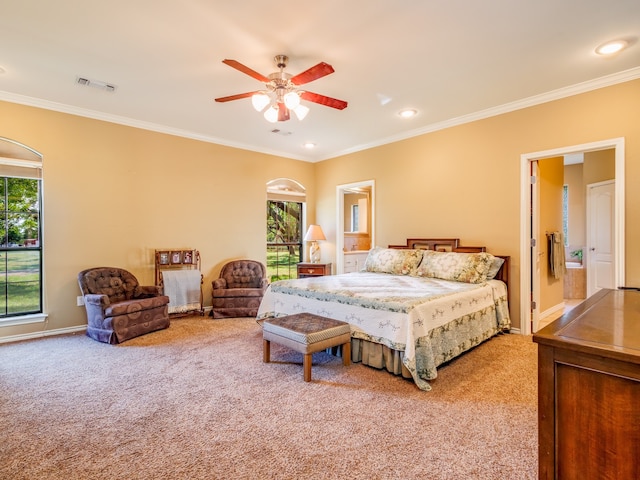 bedroom with ceiling fan, carpet, and crown molding