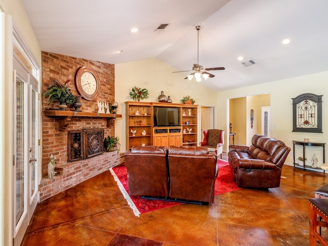 living room with vaulted ceiling, ceiling fan, and a fireplace