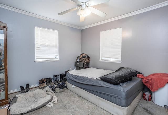 bedroom featuring ornamental molding and ceiling fan