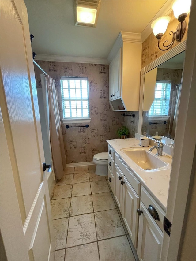 full bathroom with ornamental molding, plenty of natural light, and wallpapered walls