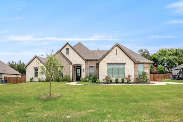 french country inspired facade with a front yard