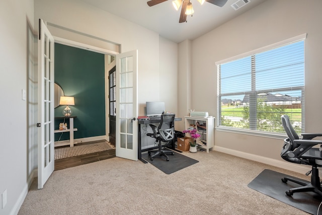 office featuring ceiling fan, french doors, and carpet