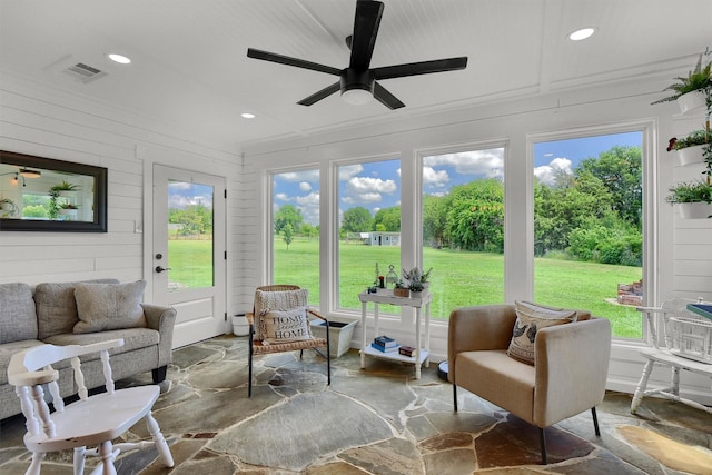 sunroom / solarium featuring visible vents and a ceiling fan