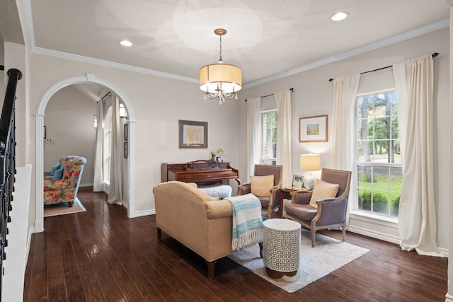 living room featuring dark wood-type flooring, arched walkways, and a healthy amount of sunlight