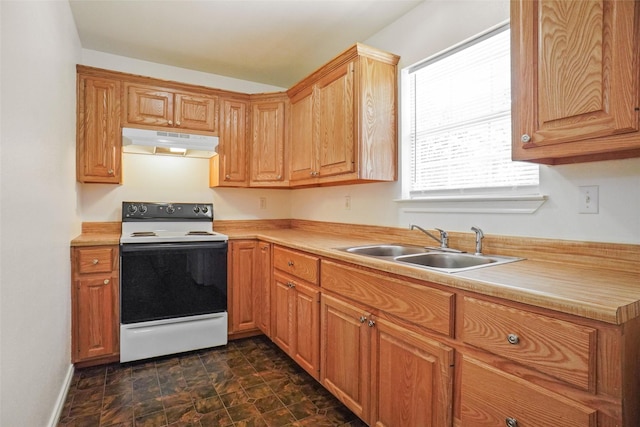 kitchen with white electric range oven and sink