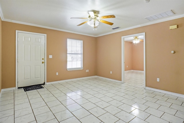 empty room featuring light tile patterned floors, ceiling fan, and crown molding