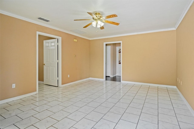 tiled empty room with ceiling fan and crown molding