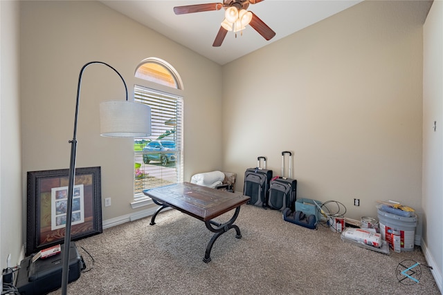 office space featuring carpet flooring, vaulted ceiling, and ceiling fan