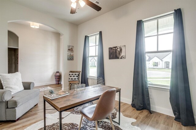 home office featuring light hardwood / wood-style floors and ceiling fan