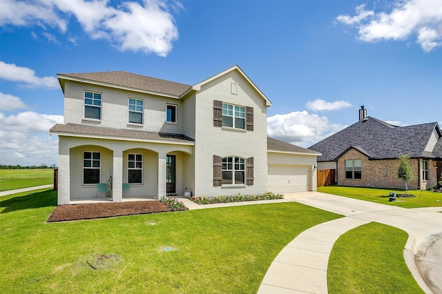 view of front of property featuring a garage, covered porch, and a front lawn