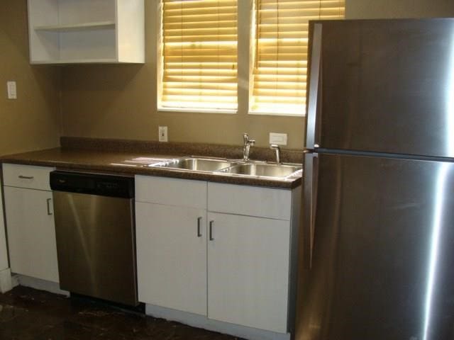 kitchen with white cabinets, appliances with stainless steel finishes, and sink