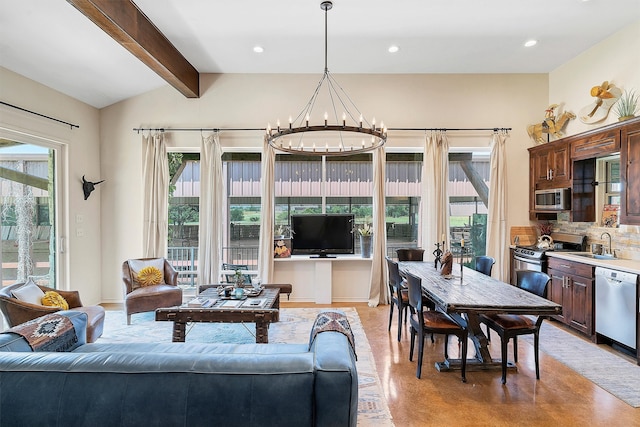 living room with sink, a notable chandelier, and vaulted ceiling with beams