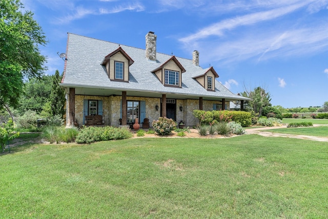 new england style home with a porch and a front yard