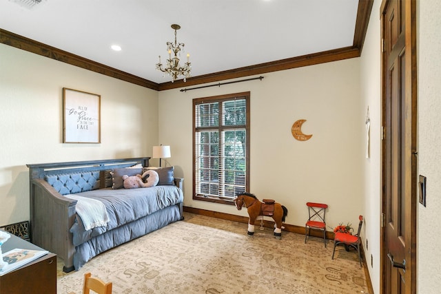 bedroom featuring an inviting chandelier and crown molding