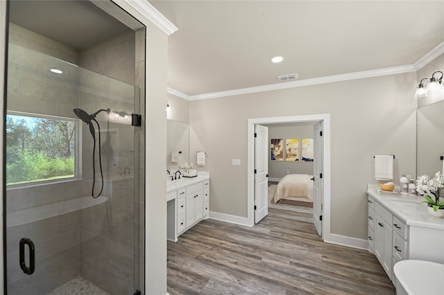 bathroom featuring vanity, wood-type flooring, and ornamental molding