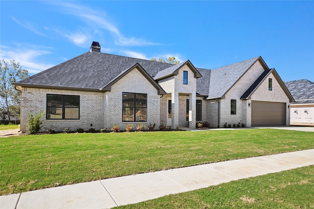 french country home with a front yard and a garage