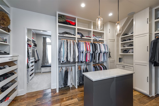 spacious closet with dark wood-type flooring