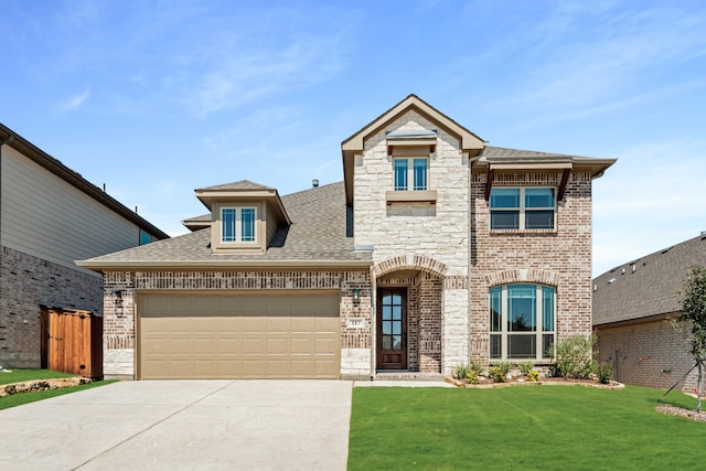 view of front of home with a garage and a front lawn