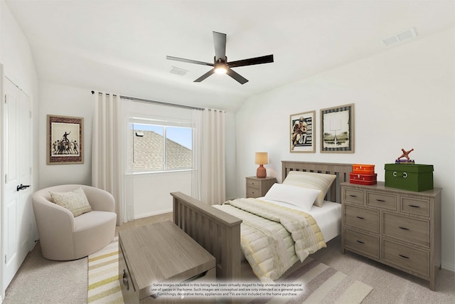 carpeted bedroom with ceiling fan