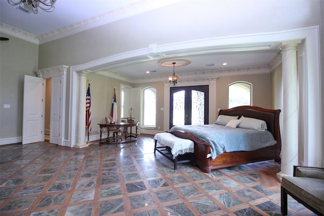 bedroom featuring a chandelier, ornamental molding, decorative columns, and multiple windows