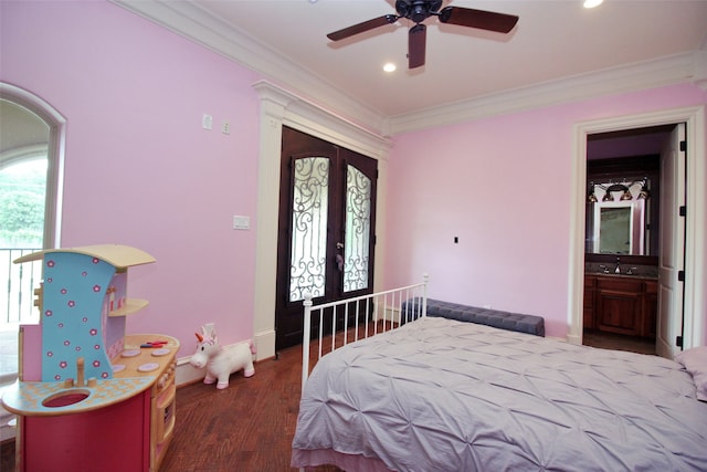 bedroom featuring dark wood-type flooring, ceiling fan, french doors, and crown molding