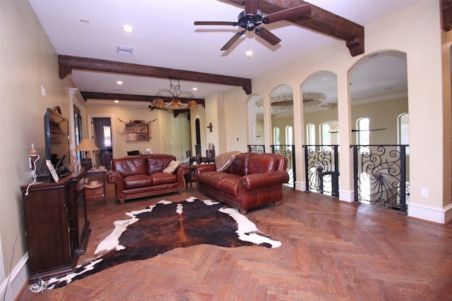 living room with beamed ceiling and ceiling fan