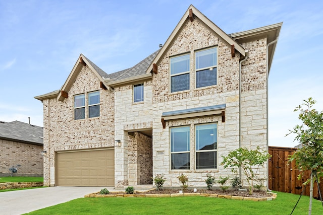 view of front of home featuring a garage and a front lawn