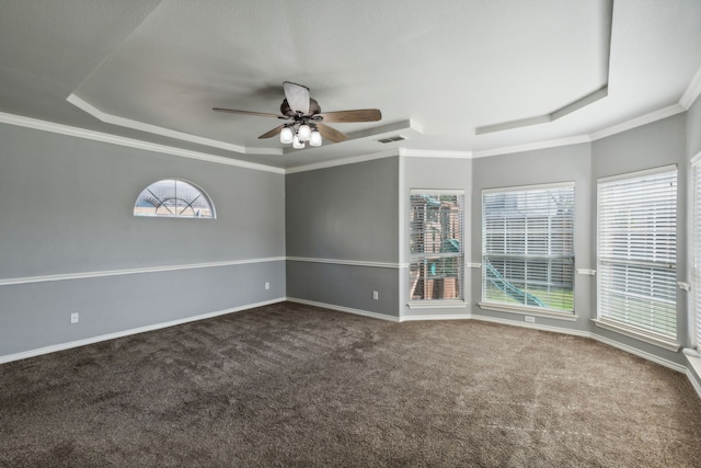 carpeted spare room featuring crown molding, ceiling fan, and a raised ceiling