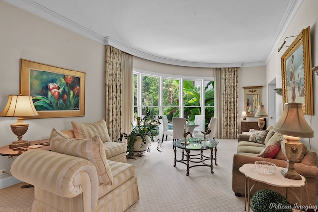 living room featuring ornamental molding and carpet floors