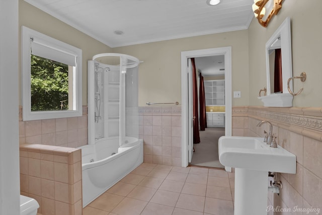 bathroom with tile walls, crown molding, tile flooring, and toilet